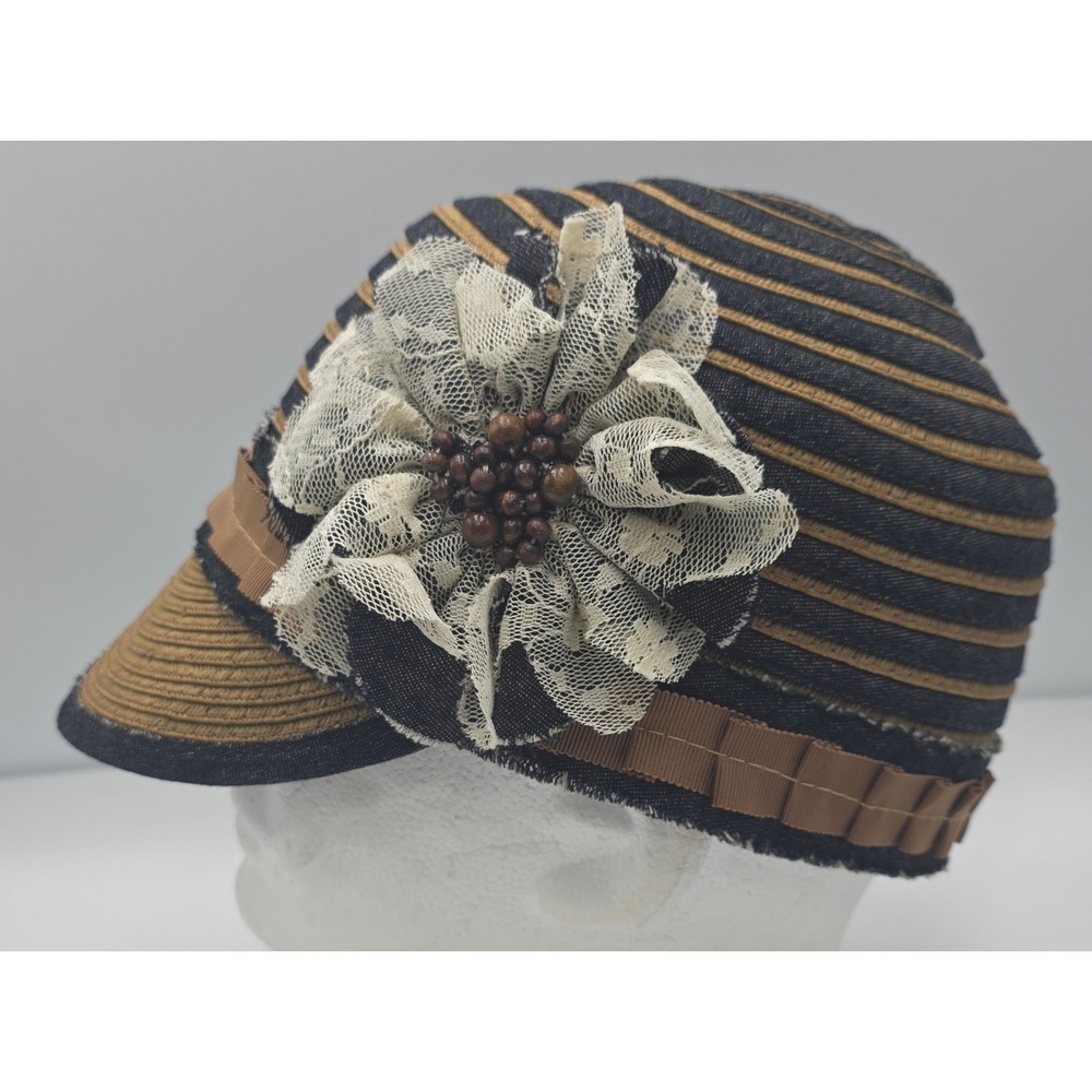 Grace Hats Cloche Newsboy Cap 57cm Blue Brown‎ Lace Flower Denim